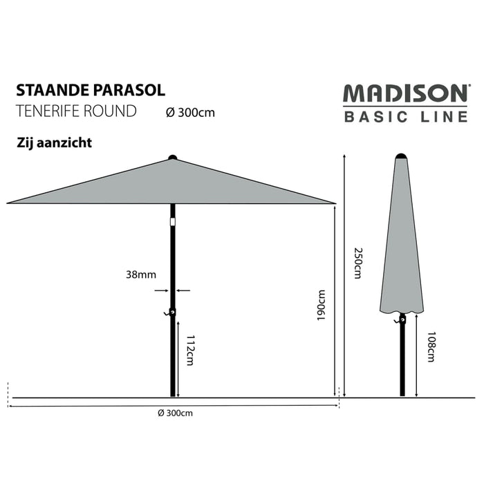 Madison Parasoll Tenerife 300 cm rund grå