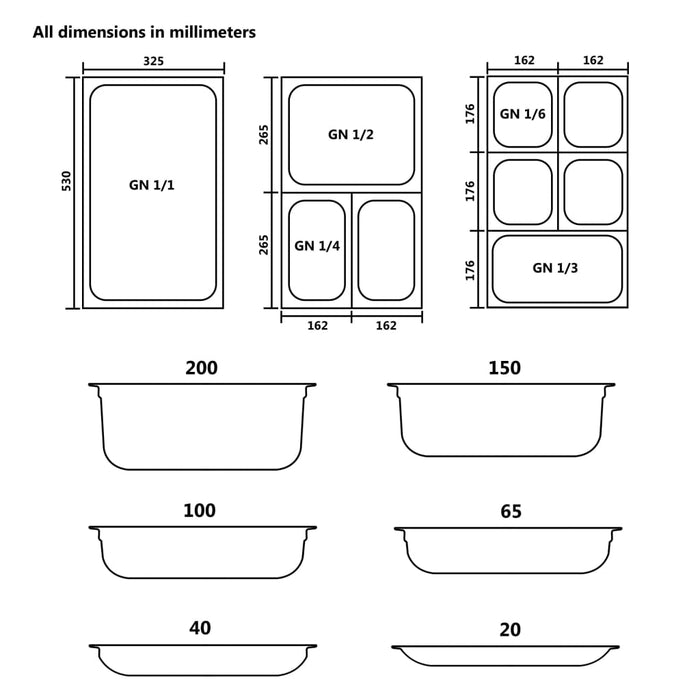 Gastronormbeholdere 4 stk GN 1/1 20 mm rustfritt stål