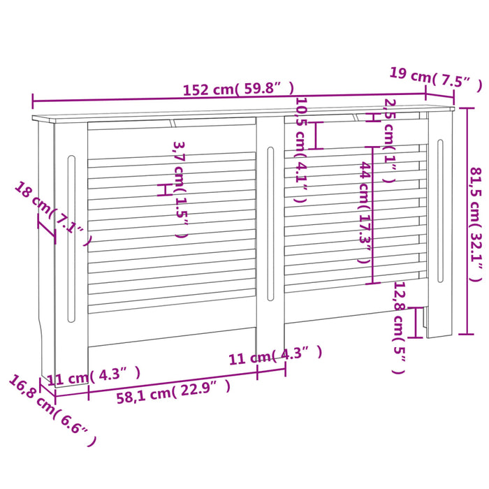 Radiatordeksel hvit 152x19x81,5 cm MDF