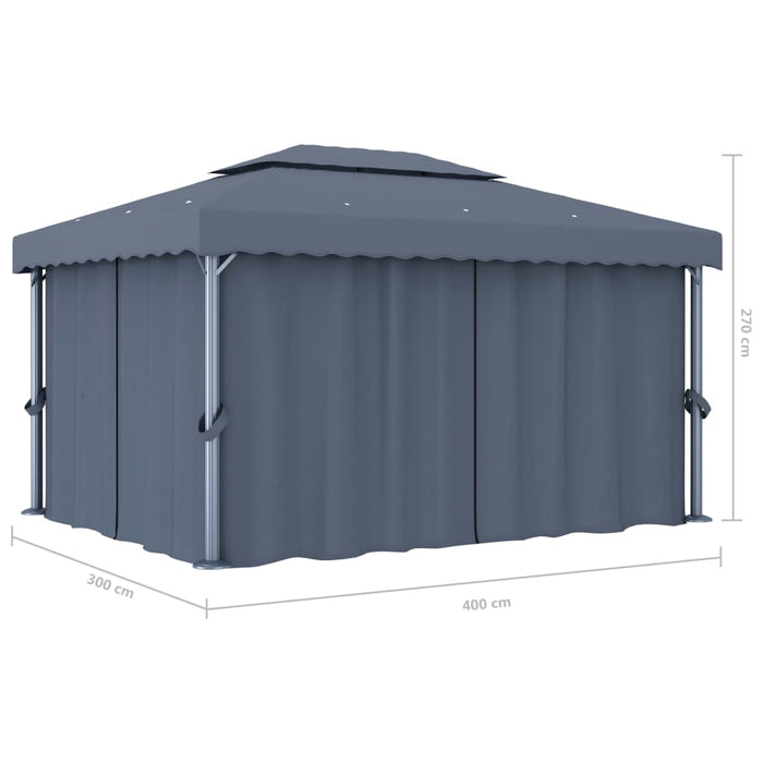 Paviljong med gardin 4x3 m antrasitt aluminium