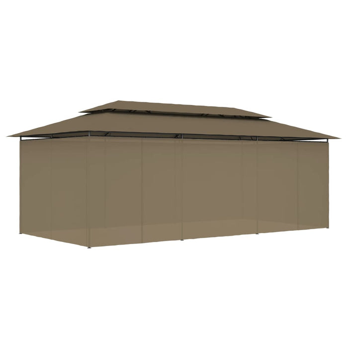 Paviljong med gardiner 600x298x270 cm gråbrun 180 g/m²