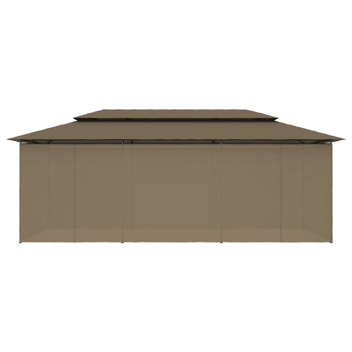 Paviljong med gardiner 600x298x270 cm gråbrun 180 g/m²