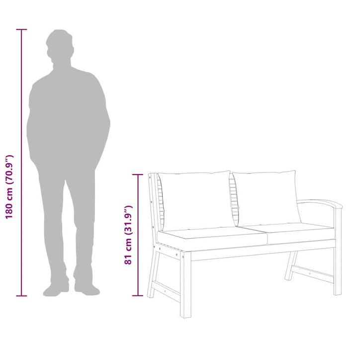 Hagebenk 114,5 cm med mørkegrå pute heltre akasie