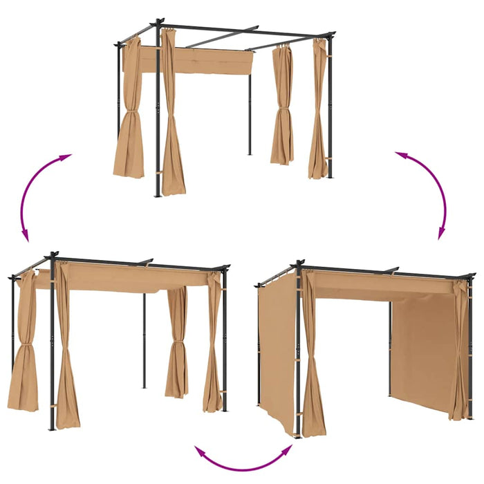 Paviljong med gardiner 3x3 m gråbrun stål