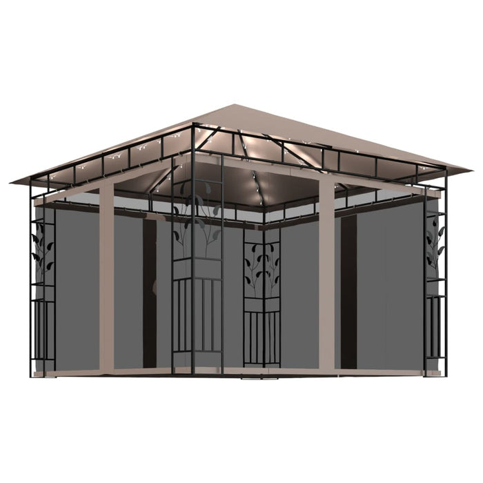 Paviljong med myggnett og LED-lysslynge 3x3x2,73 m gråbrun