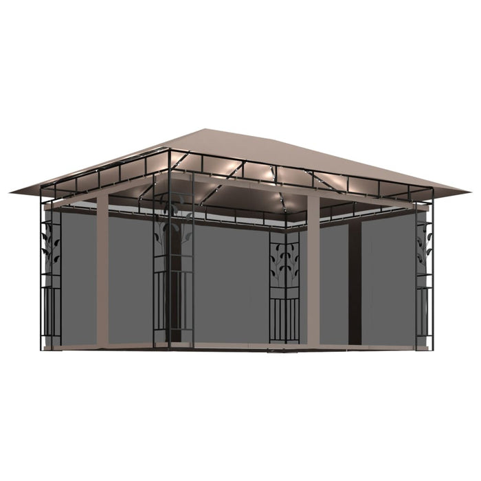 Paviljong med myggnett og LED-lysslynge 4x3x2,73 m gråbrun