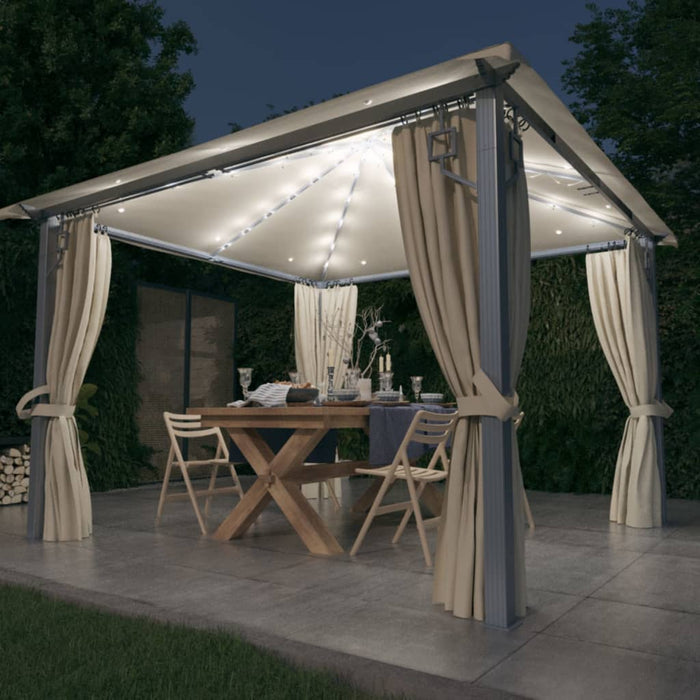 Paviljong med gardin og LED-strenglys 3x3 m kremhvit aluminium