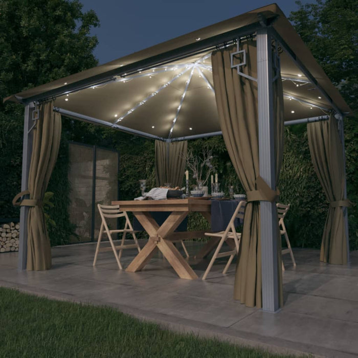 Paviljong med gardin og LED-strenglys 3x3 m gråbrun aluminium