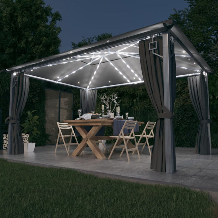 Paviljong med gardin og LED-strenglys 4x3 m antrasitt aluminium