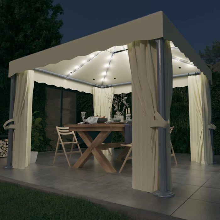 Paviljong med gardin og LED-strenglys 3x3 m kremhvit