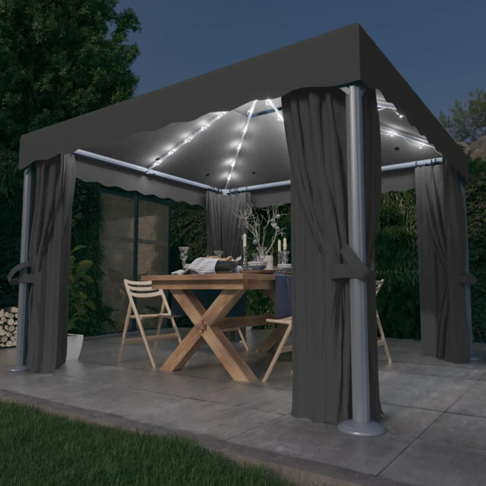 Paviljong med gardin og LED-strenglys 3x3 m antrasitt