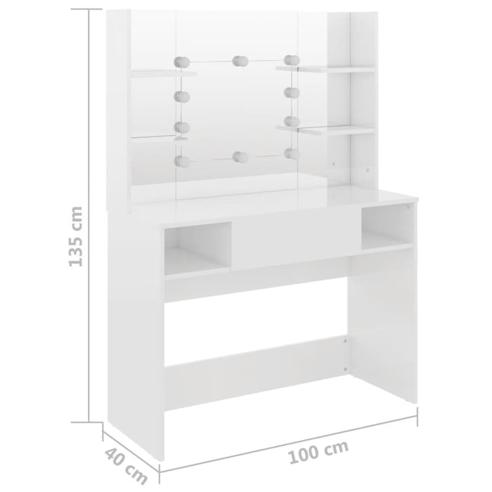 Sminkebord med LED-lys 100x40x135 cm MDF blank hvit