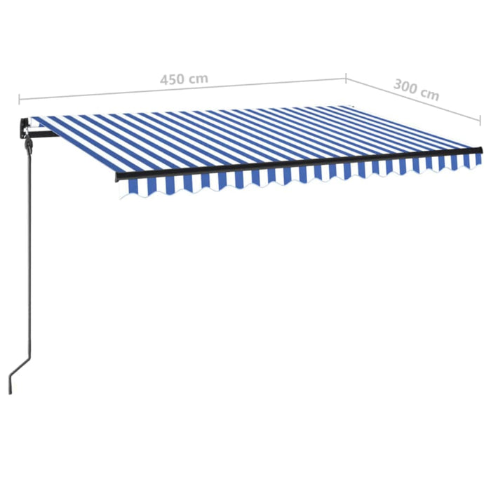 Manuell uttrekkbar markise med LED 450x300 cm blå og hvit