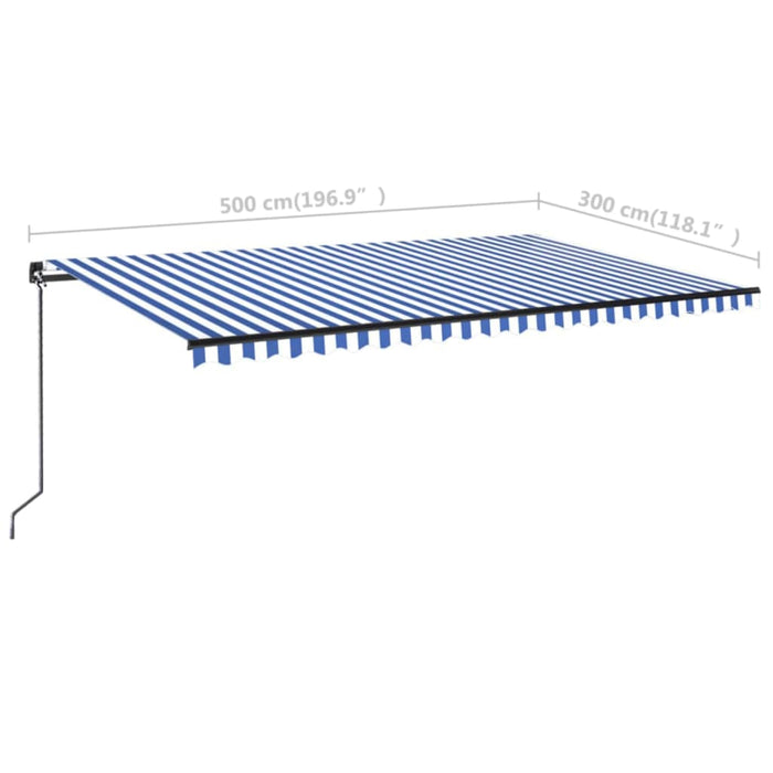 Manuell uttrekkbar markise med LED 500x300 cm blå og hvit