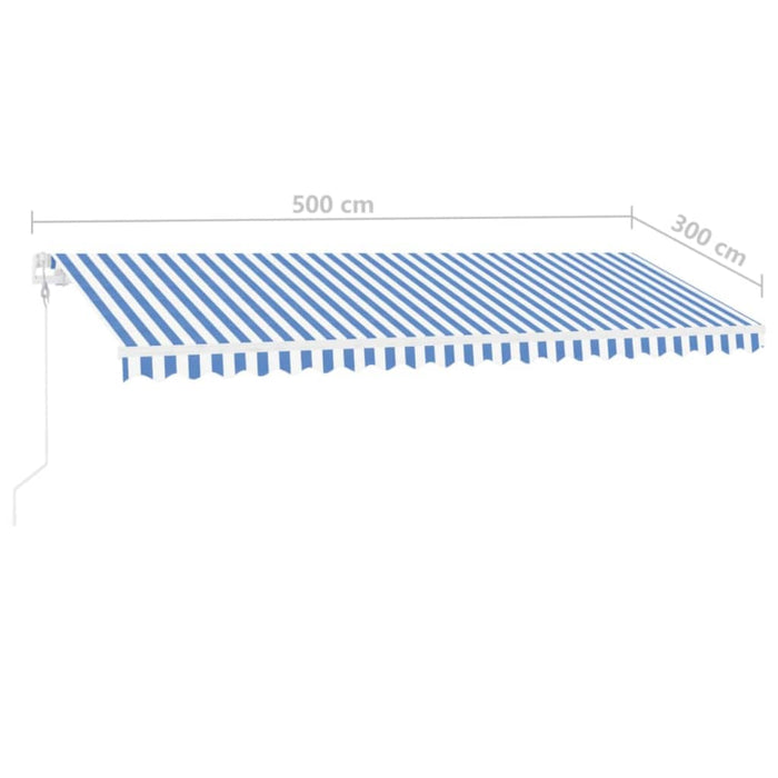 Automatisk markise med vindsensor og LED 500x300 cm blå og hvit