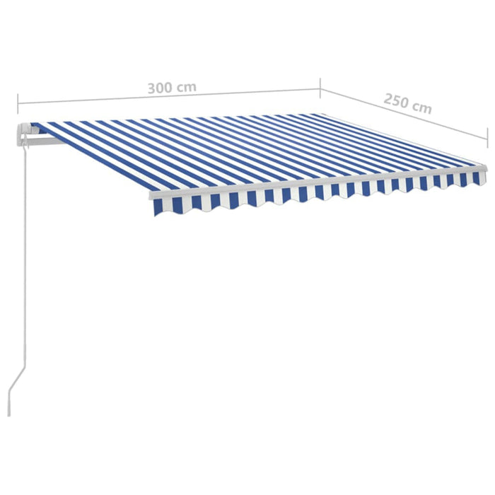 Automatisk markise med LED og vindsensor 3x2,5 cm blå og hvit