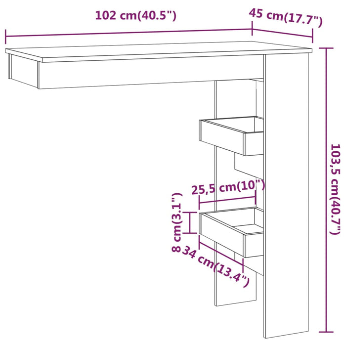 Veggmontert barbord hvit 102x45x103,5 cm konstruert tre