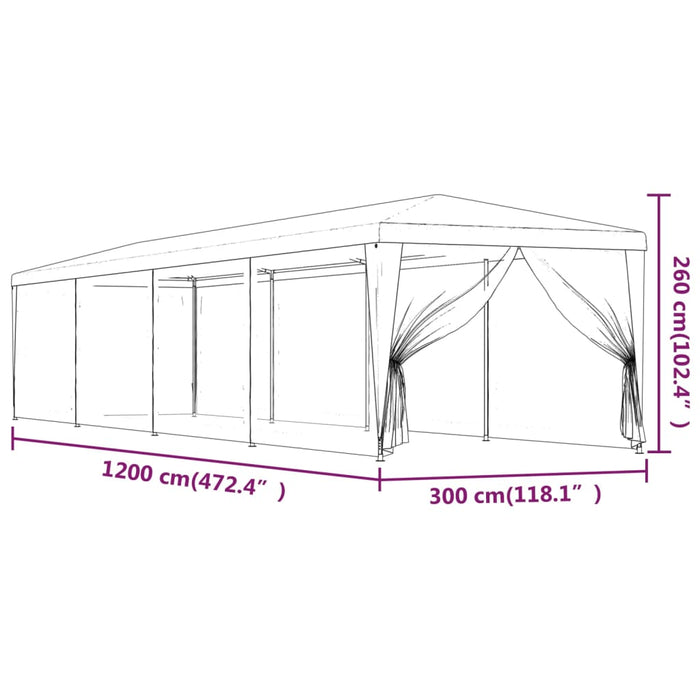 Festtelt med 10 sidevegger av netting blå 3x12 m HDPE