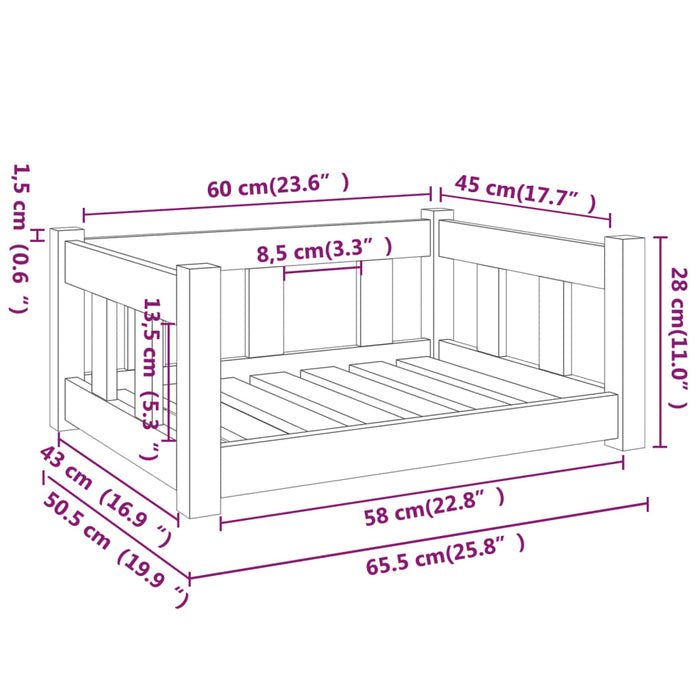 Hundeseng hvit 65,5x50,5x28 cm heltre furu