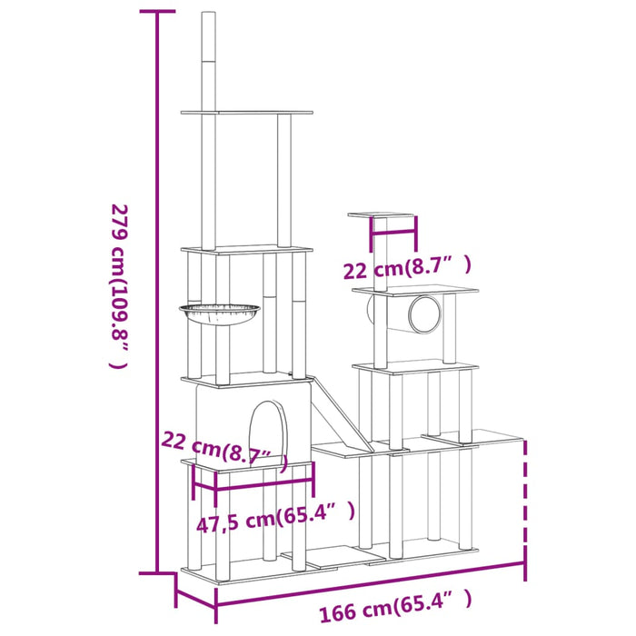 Kattetre med klorestolper i sisal lysegrå 279 cm