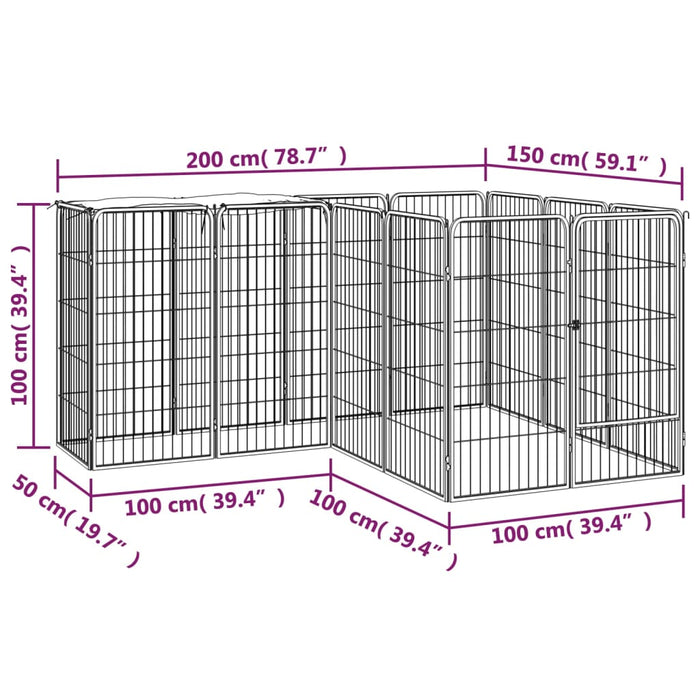 Hundegrind med 14 paneler svart 50x100 cm pulverlakkert stål