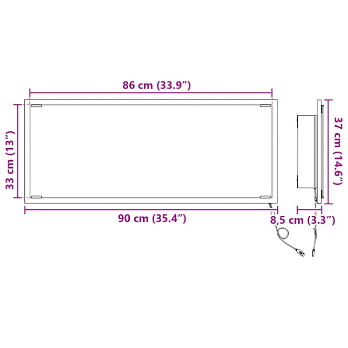 Speil med speillys Røkt eik 90 x 8.5 x 37 cm Konstruert tre