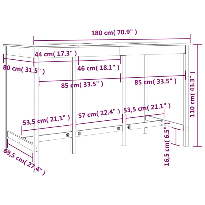 Barbord honningbrun 180x80x110 cm heltre furu