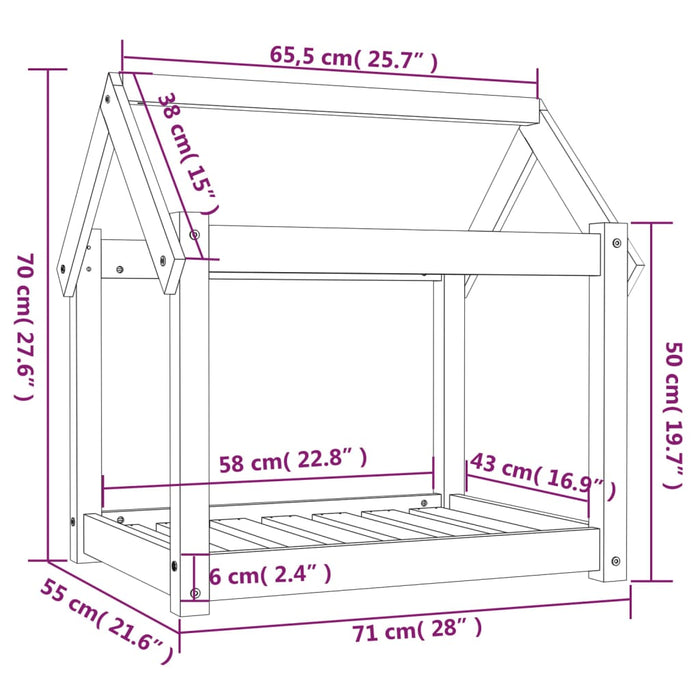 Hundeseng grå 71x55x70 cm heltre furu