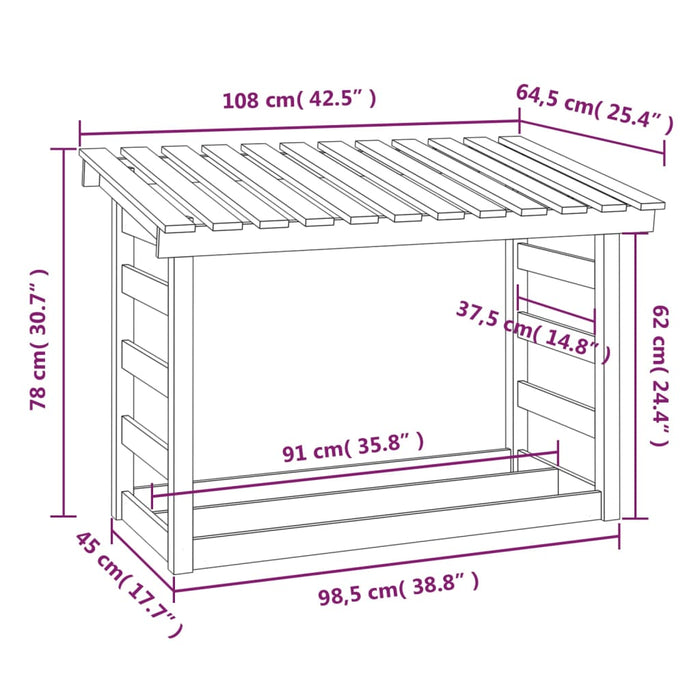 Vedstativ 108 x 64,5 x 78 cm heltre furu