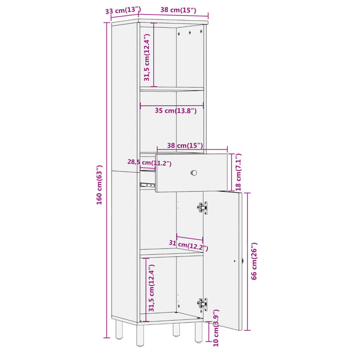 Baderomsskap 38x33x160 cm heltre mango