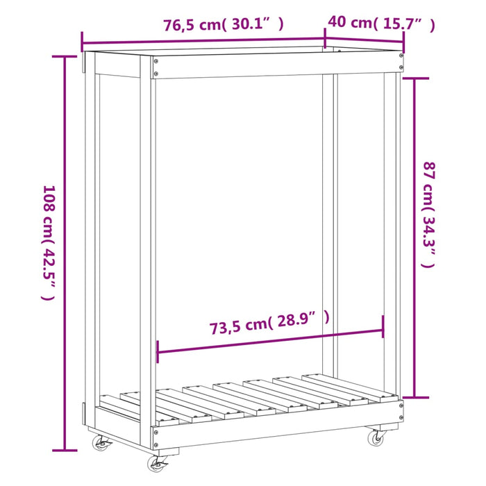 Vedstativ med hjul 76,5x40x108 cm heltre furu