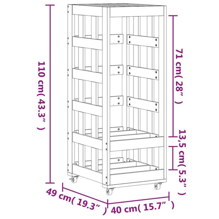 Vedstativ med hjul svart 40x49x110 cm heltre furu