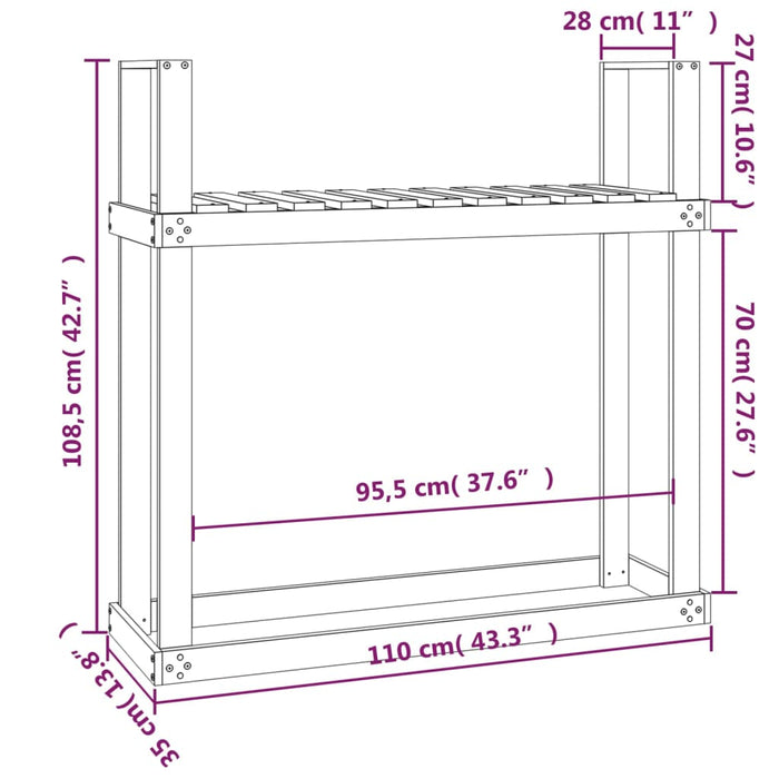 Vedstativ 110x35x108,5 cm heltre furu