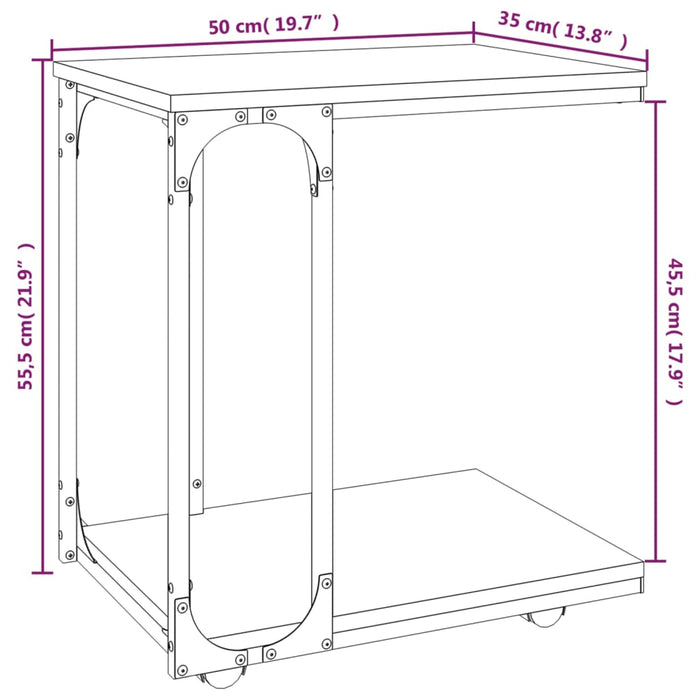 Sidebord med hjul brun eik 50x35x55,5 cm konstruert tre