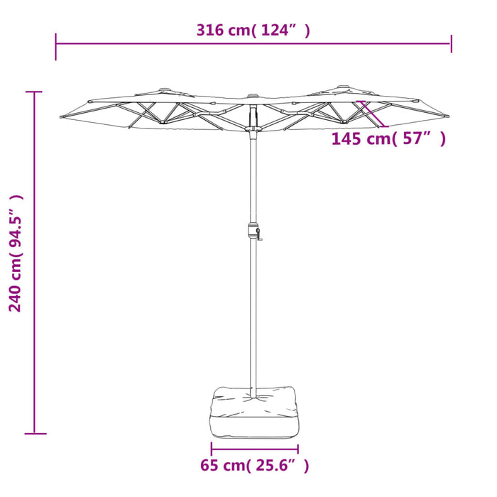 Parasoll dobbelt hode med LED antrasitt 316x240 cm