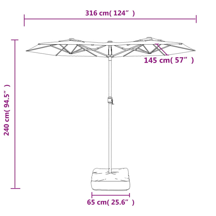 Parasoll dobbelt hode med LED svart 316x240 cm