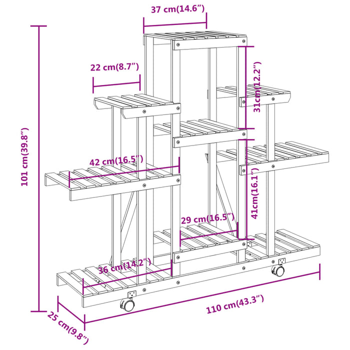 Blomsterstativ med hjul 110x25x101 cm heltre gran