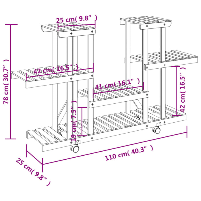 Blomsterstativ med hjul 110x25x78 cm heltre gran