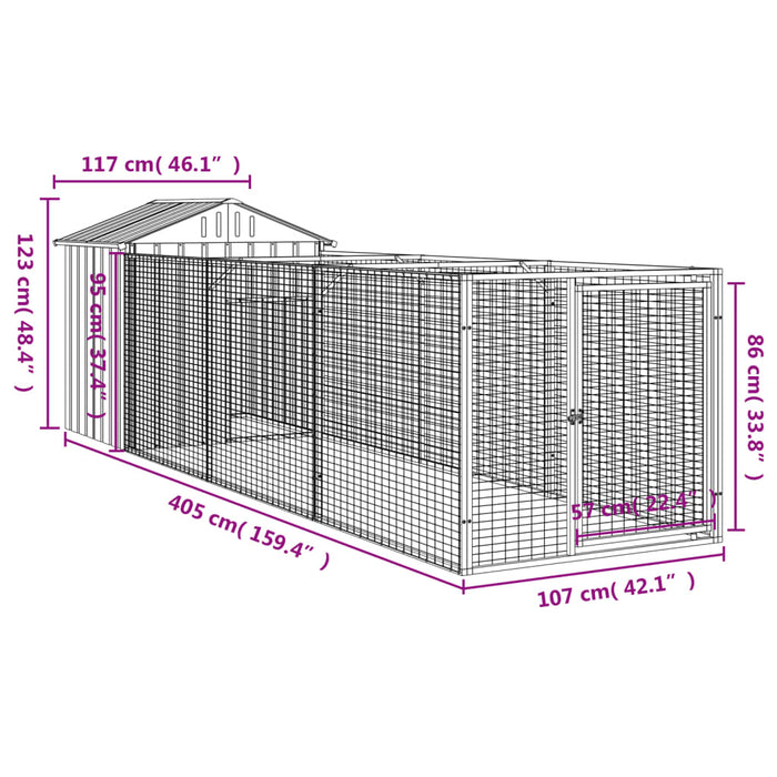 Hundehus med tak lysegrå 117x405x123 cm galvanisert stål