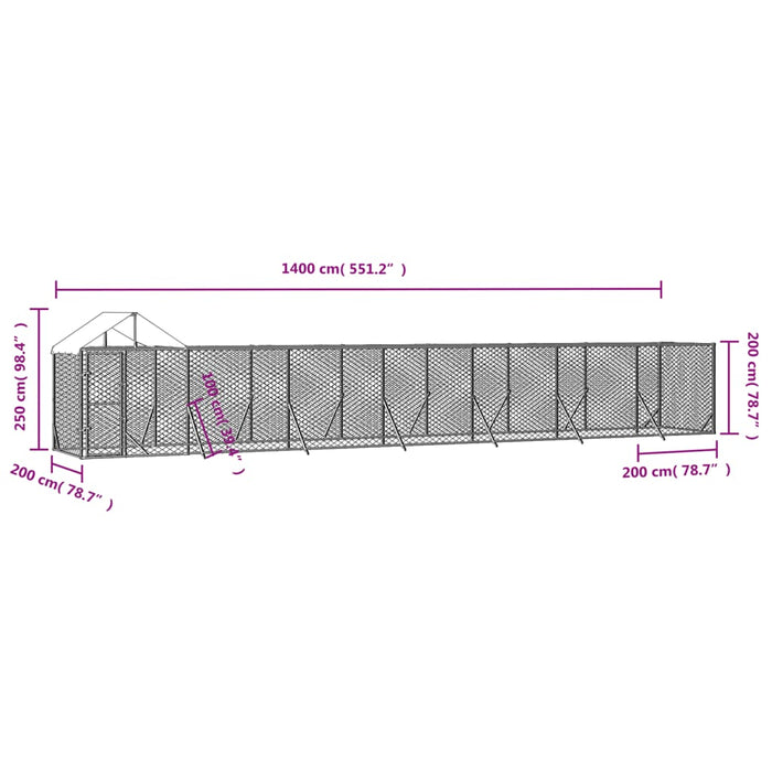 Utendørs hundekennel sølv 14x2x2,5 m galvanisert stål