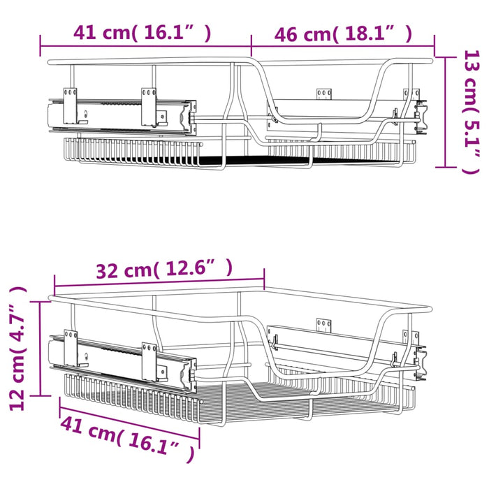 Uttrekkbare kurvskuffer 2 stk sølv 45 cm