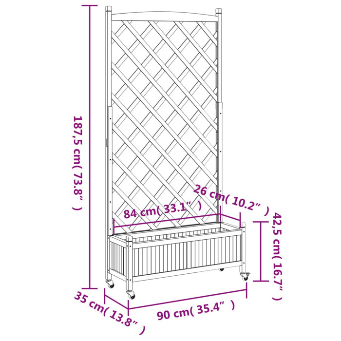 Plantekasse med espalier og hjul brun heltre gran