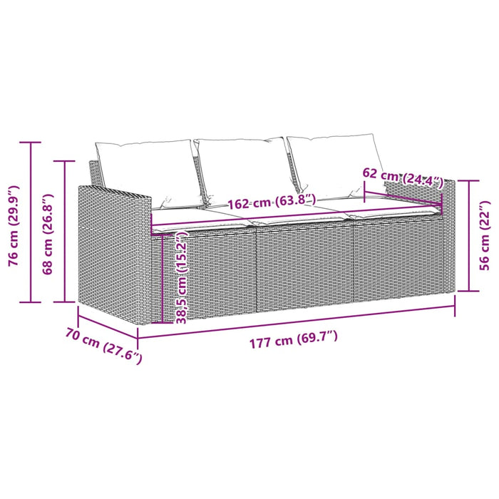 Hagesofa med puter 3-seters beige polyrotting