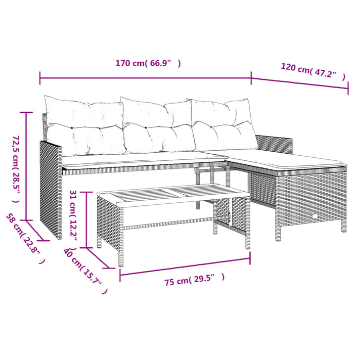 Hagesofa med bord og puter L-formet beige polyrotting