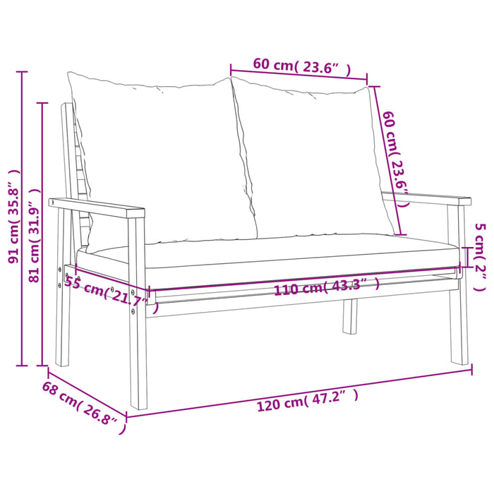 Hagebenk med pute 120 cm heltre akasie