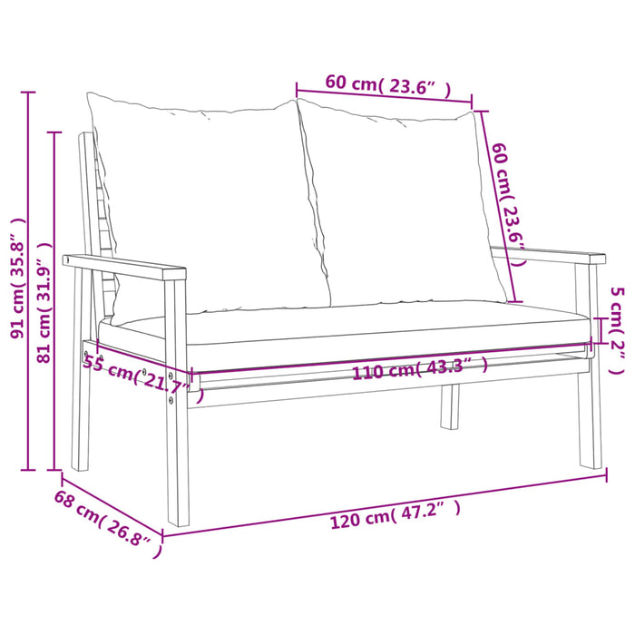 Hagebenk med pute 120 cm heltre akasie