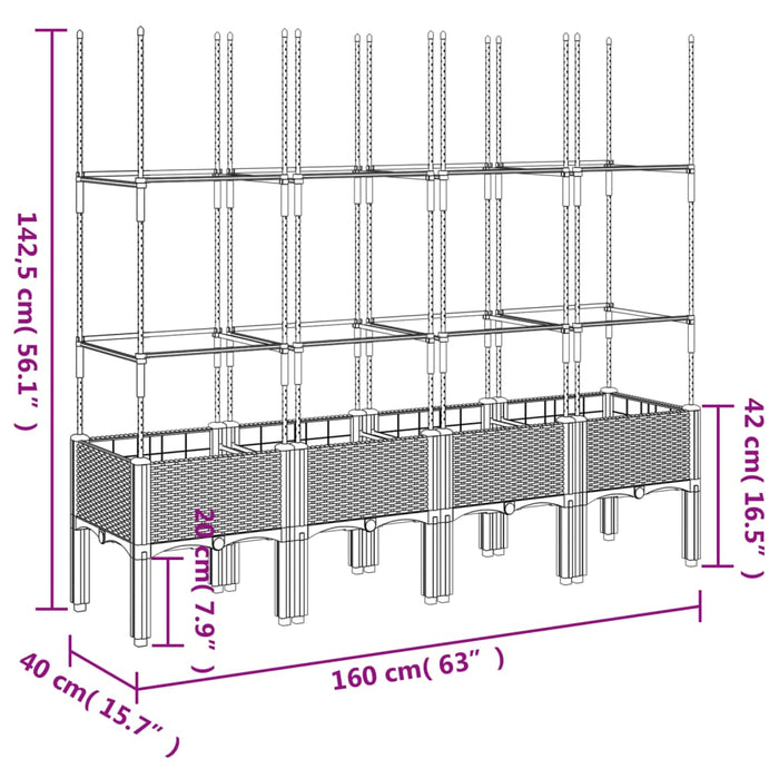 Plantekasse med espalier grå 160x40x142,5 cm PP