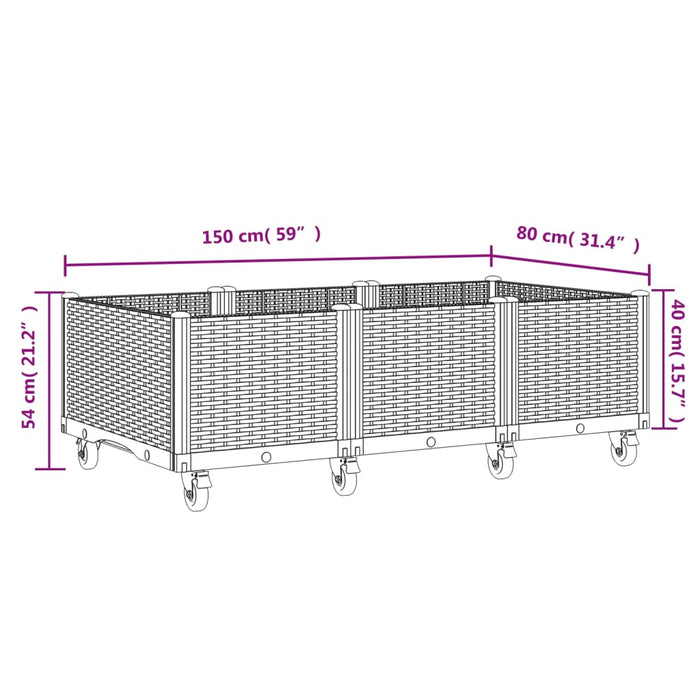 Plantekasse med hjul hvit 150x80x54 cm PP