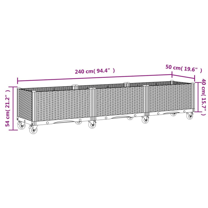 Plantekasse med hjul brun 240x50x54 cm PP