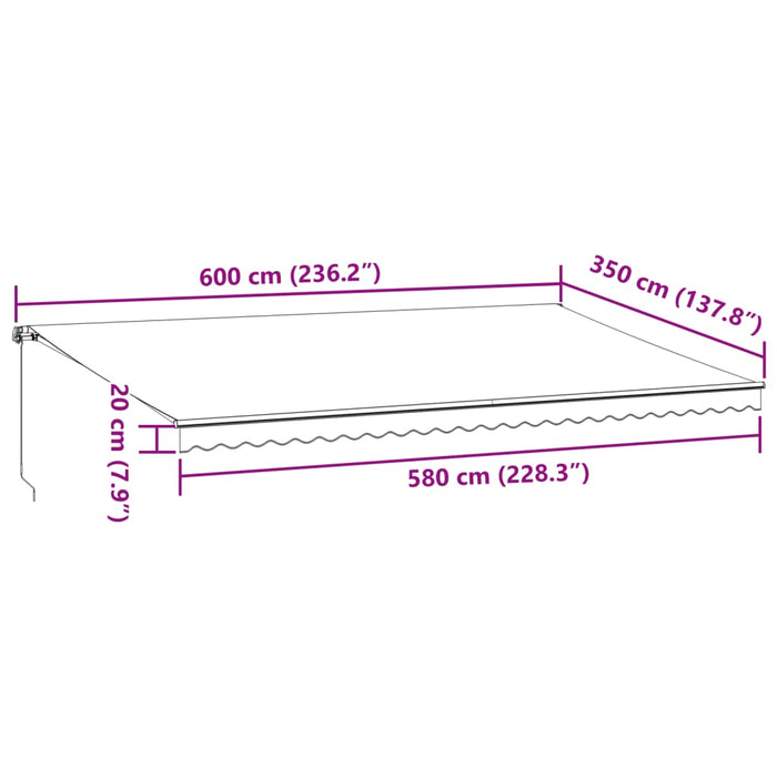 Manuell uttrekkbar markise med LED burgunder 600x350 cm